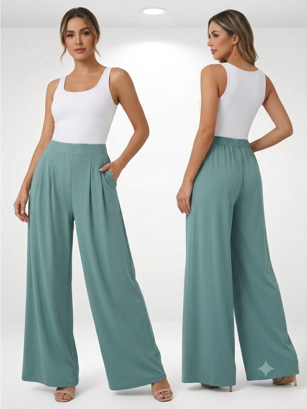 NWT HALARA Breezy Play It My Way Wide Leg Palazzo Pants Dusty Teal Green Large